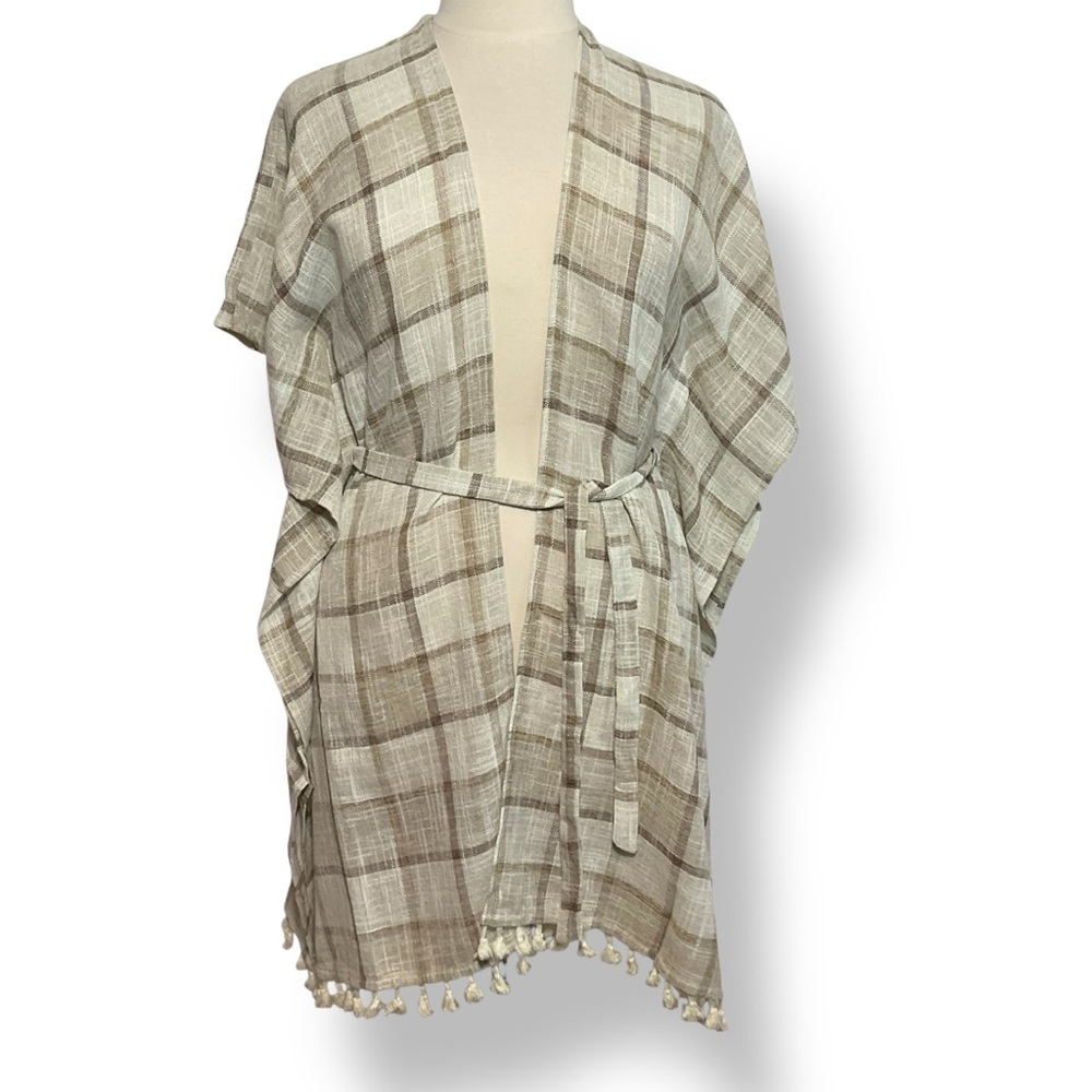 Mystree Wrap Cardigan Layer Beige Cream Plaid Neutral Long Lightweight Cover Up